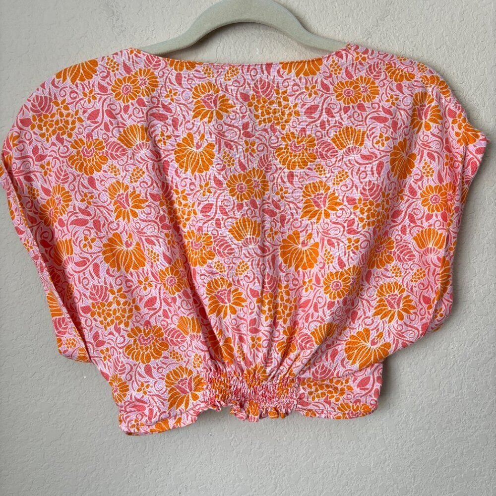 Zara Linen Blend Boho Floral Print Cropped Twist Front Blouse Top - Picture 7 of 8